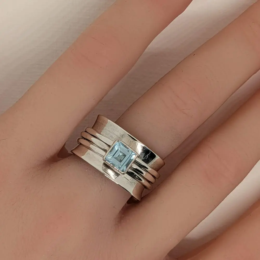 Blue Topaz Square‑Cut Spinner Ring - Size 9 -10