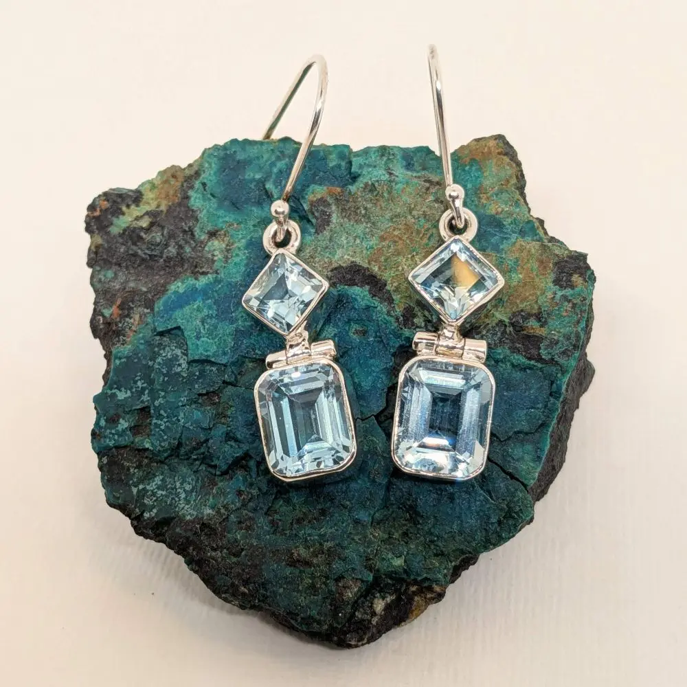 Baguette‑Cut Blue Topaz Earrings