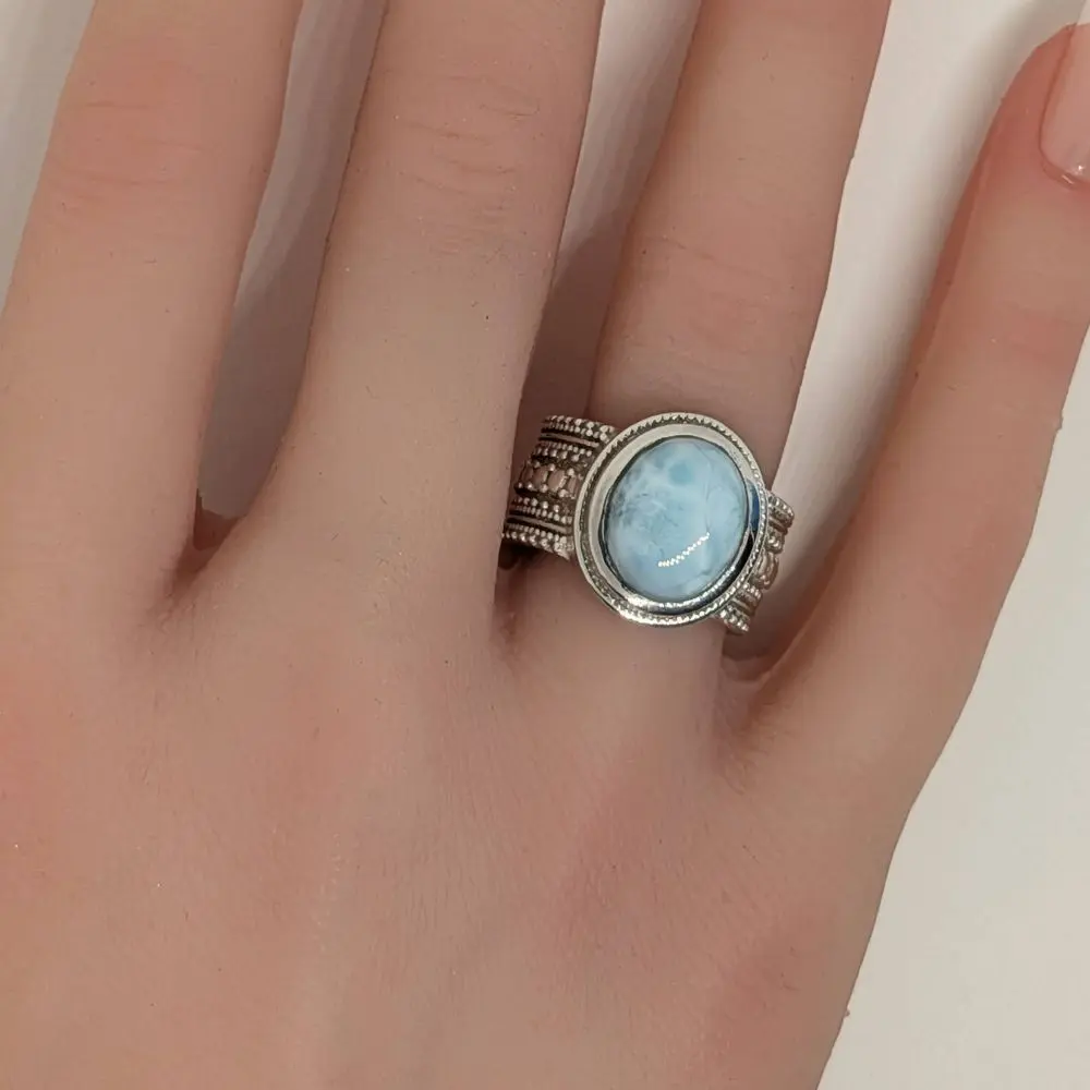 Larimar Ring – Wide Textured Band - Size 7
